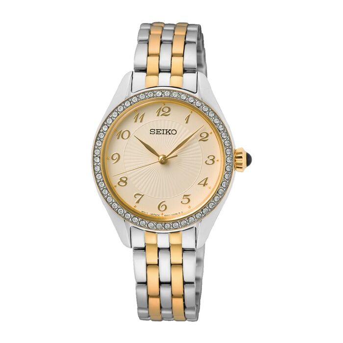 Relógio Seiko feminino com bracelete bicolor e caixa prateada, com mostrador redondo com zircónias.