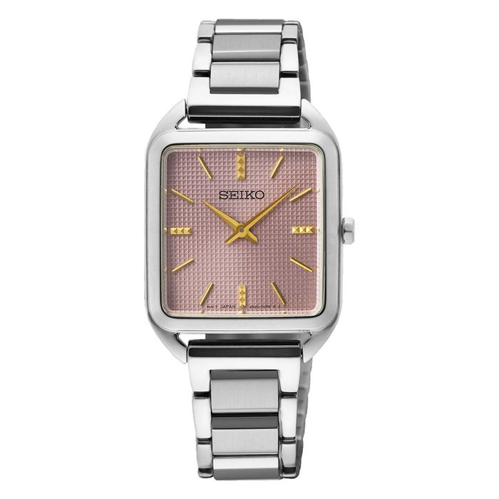 Relógio Seiko feminino com bracelete e caixa prateada em aço e mostrador retangular de cor rosa.