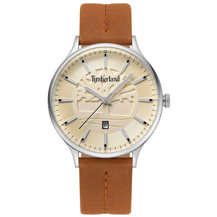 Relógio Timberland analógico com uma bracelete em pele castanha e um mostrador bege com calendário.