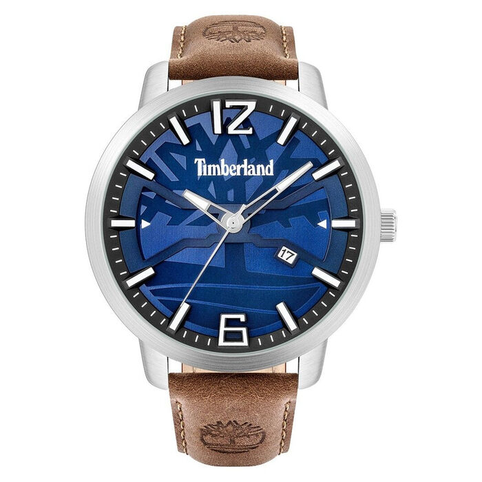 Relógio analógico Timberland com uma bracelete em pele castanha e um mostrador azul com calendário.