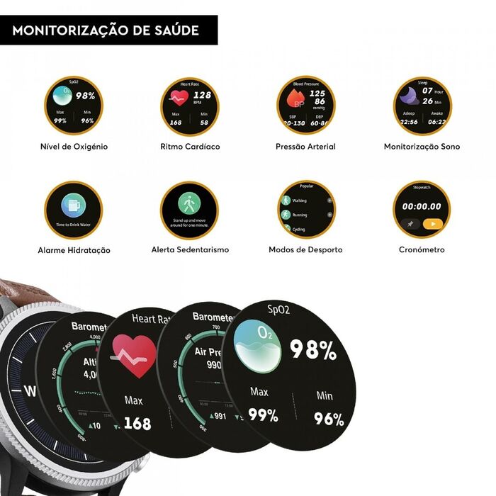 Smartwatch Timberland com ícones circulares, acima, acerca das aplicações da monitorização de saúde.