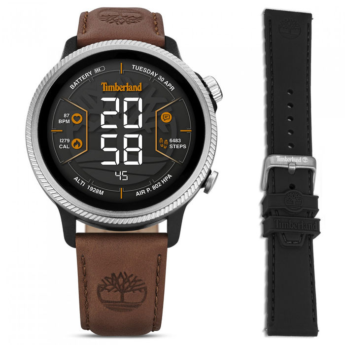 Smartwatch Timberland de ecrã tátil com uma bracelete em pele castanha e outra ao lado em preto.