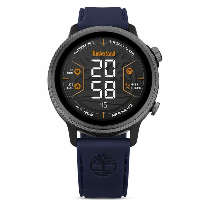 Smartwatch Timberland com uma bracelete em pele azul e um ecrã tátil com informações do dia-a-dia.