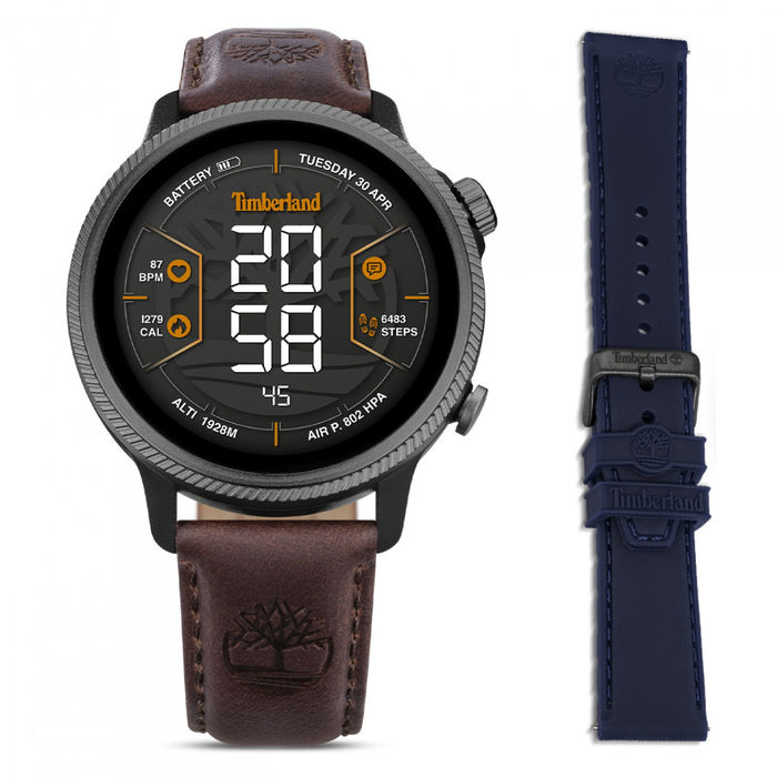 Smartwatch Timberland de ecrã tátil com uma bracelete em pele castanha e outra ao lado em azul.