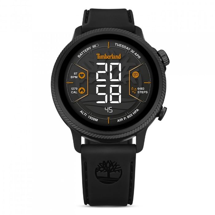 Smartwatch Timberland com uma bracelete em pele preta e um ecrã tátil com informações do dia-a-dia.