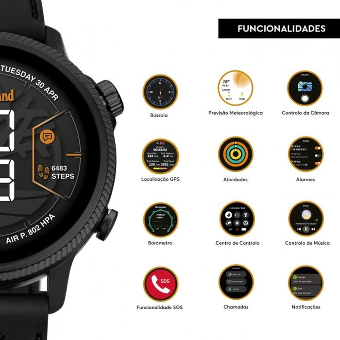 Smartwatch Timberland na lateral com ícones circulares, ao lado, acerca das funcionalidades.