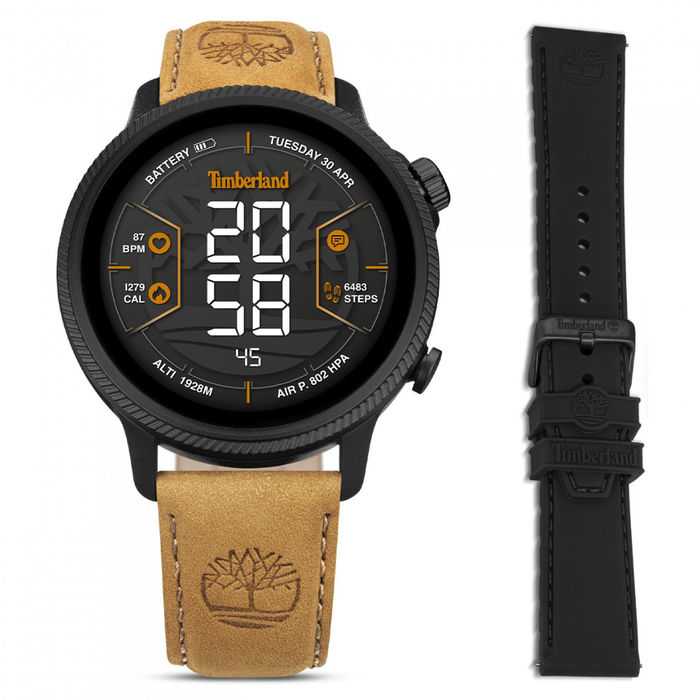 Smartwatch Timberland de ecrã tátil com uma bracelete em pele castanha e outra ao lado em preto.