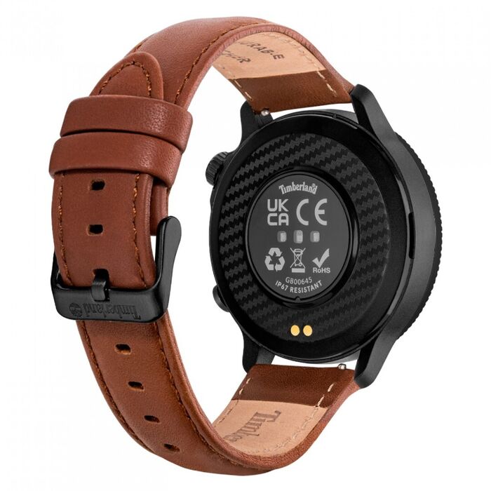 Vista traseira de um Smartwatch Timberland com uma bracelete em pele castanha e caixa preta.