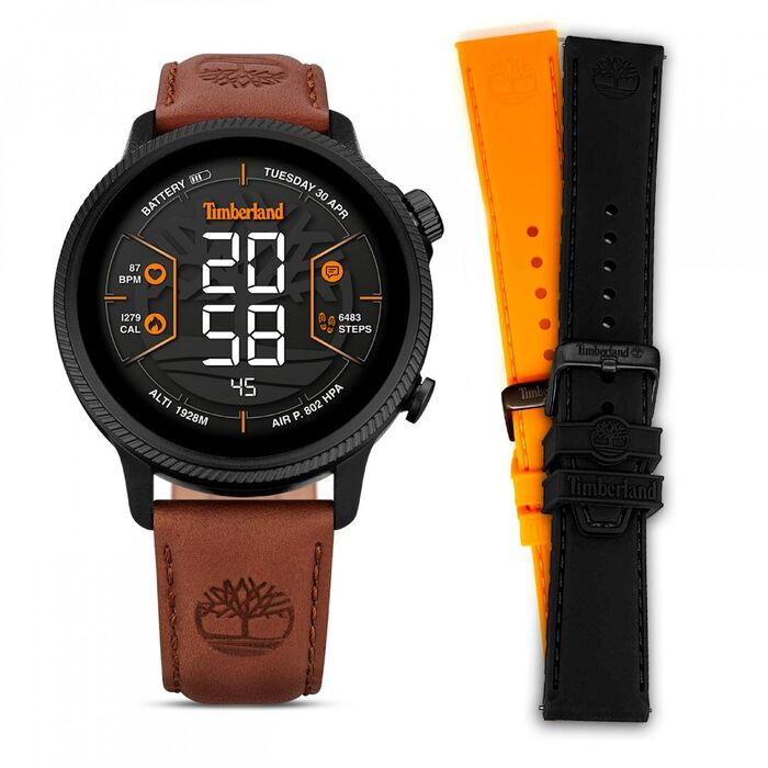 Smartwatch Timberland com uma bracelete em pele castanha e outras ao lado em preto e laranja.