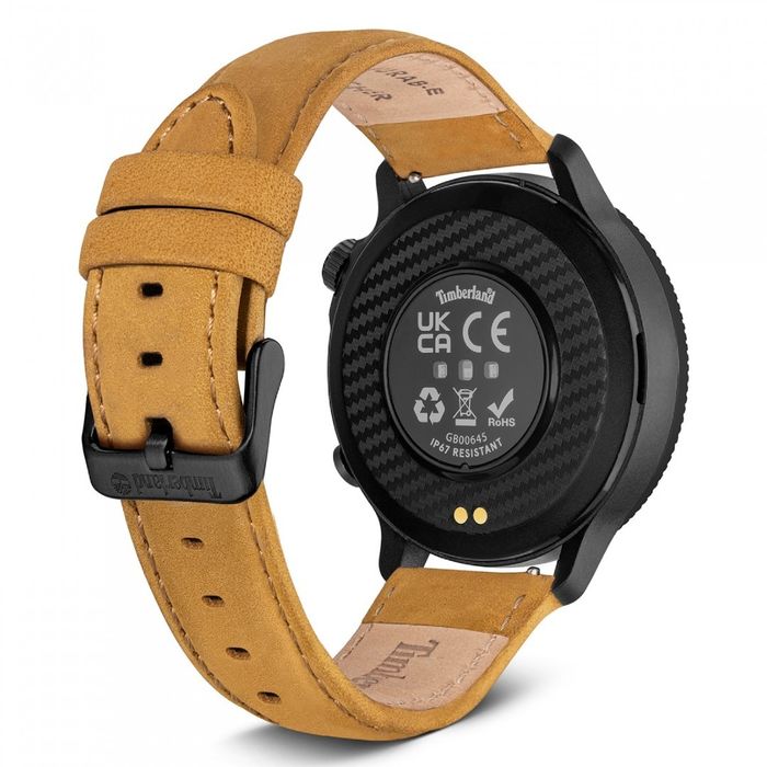 Vista traseira de um Smartwatch Timberland com uma bracelete em pele castanha e caixa preta.