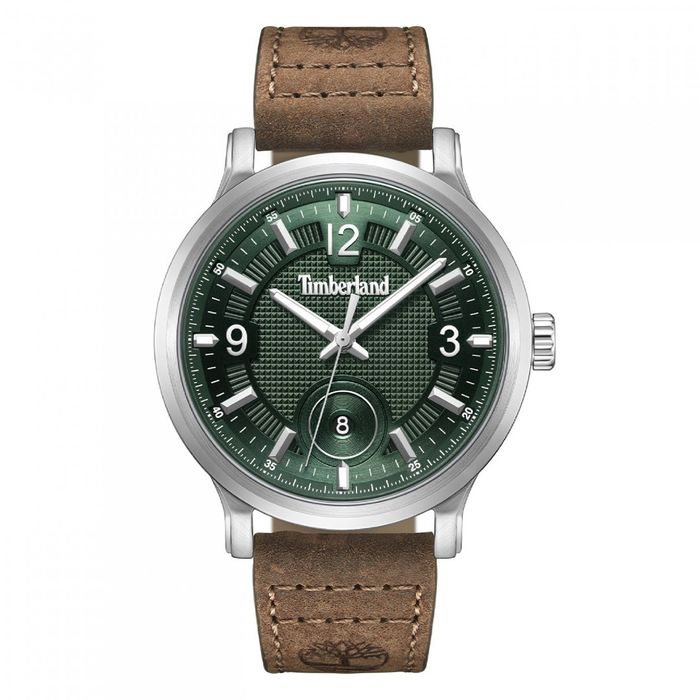 Relógio masculino Timberland de bracelete em pele castanha e um mostrador verde com calendário.