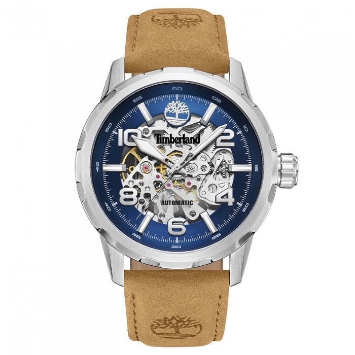 Relógio automático Timberland com uma bracelete bege, caixa prateada e mostrador azul.