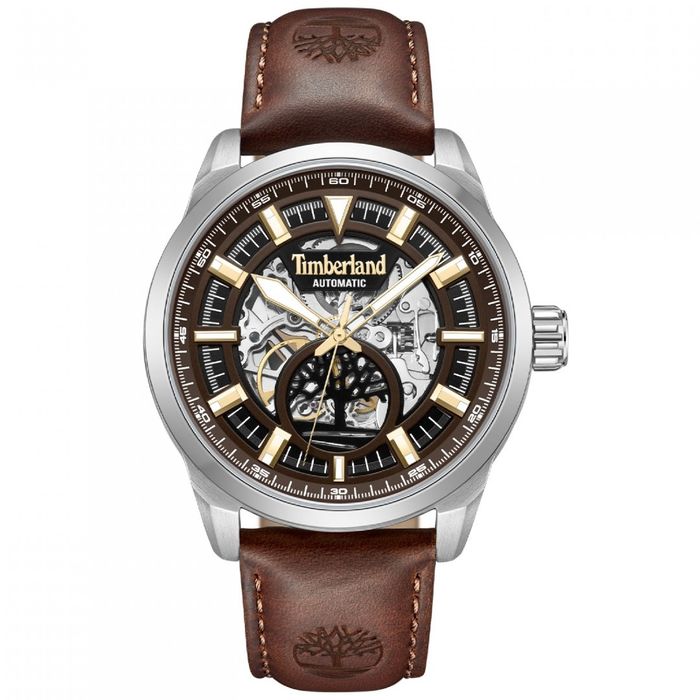 Relógio automático Timberland com bracelete em pele castanha e mostrador em estilo cronógrafo.