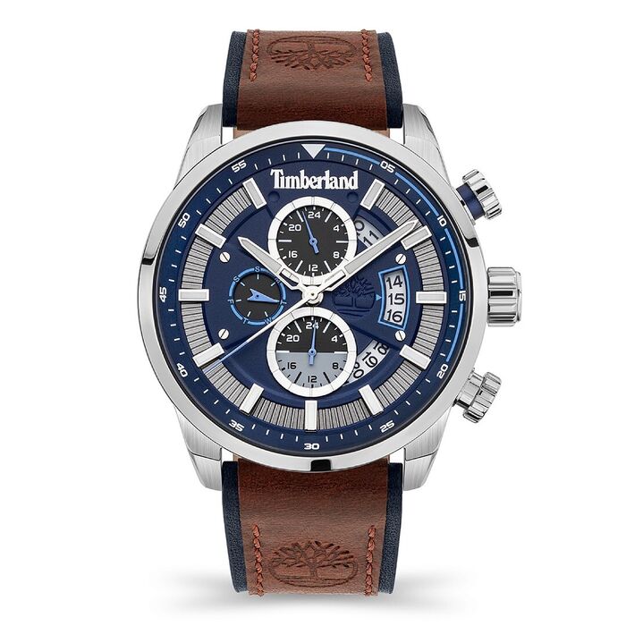 Relógio masculino Timberland com bracelete em pele castanha e mostrador azul em estilo cronógrafo.