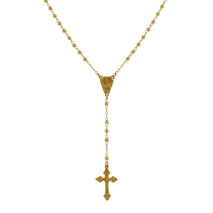 Imagem de um terço em ouro, de tom dourado, com uma cruz. As bolas do terço são lapidadas.