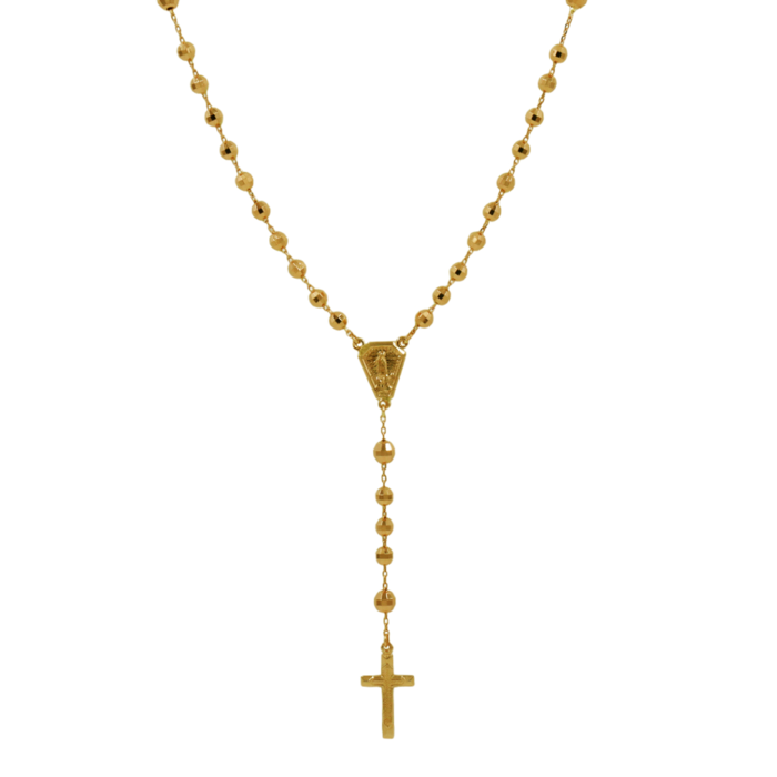 Imagem de terço em ouro, de tom dourado, com uma cruz pendente. As bolas do terço são lapidadas.