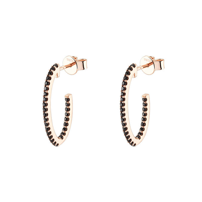 Argolas femininas Unike em prata banhada a ouro rosa com cravação de zircónias pretas.