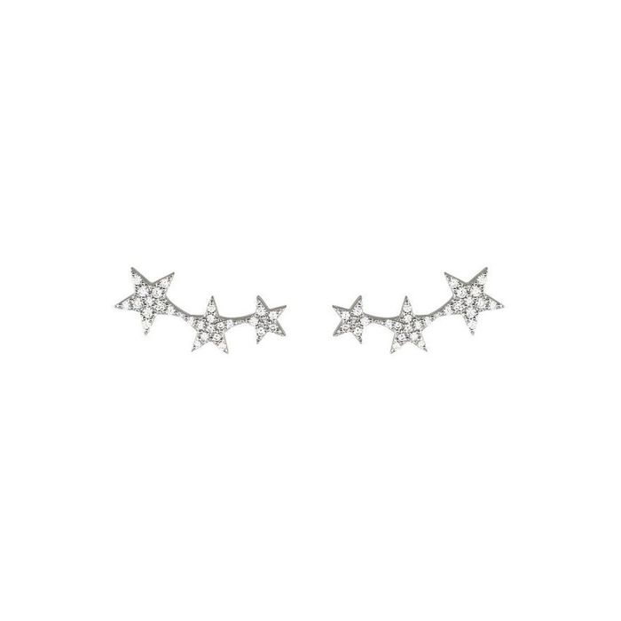 Pequenos brincos prateados femininos da Unike, cada um com três estrelas cravadas de zircónias.