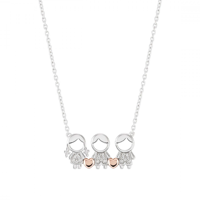 Colar prateado Unike com uma menina e dois meninos com zircónias e corações banhados a ouro rosa.