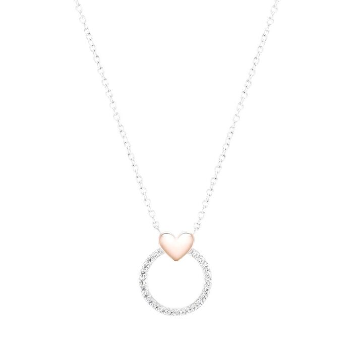Colar prateado Unike de pendente circular com zircónias e um coração no topo banhado a ouro rosa.
