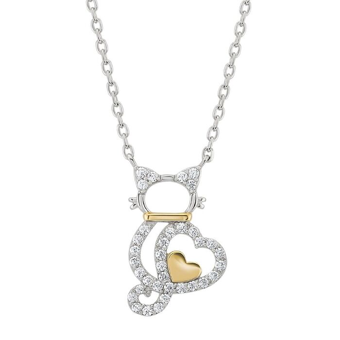 Colar Unike com pendente de um gato cravado de zircónias e com formas em coração prateado e dourado.