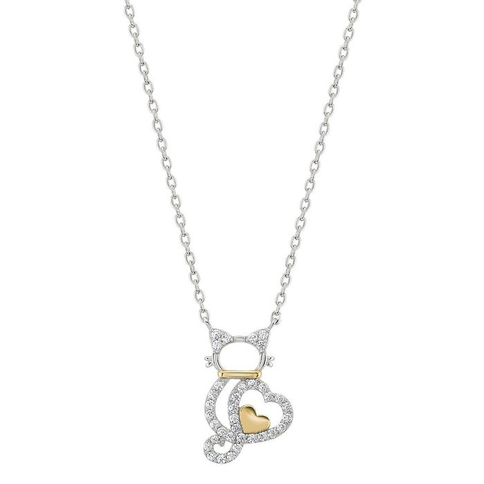 Colar Unike com pendente de um gato cravado de pedras e com formas em coração prateado e dourado.