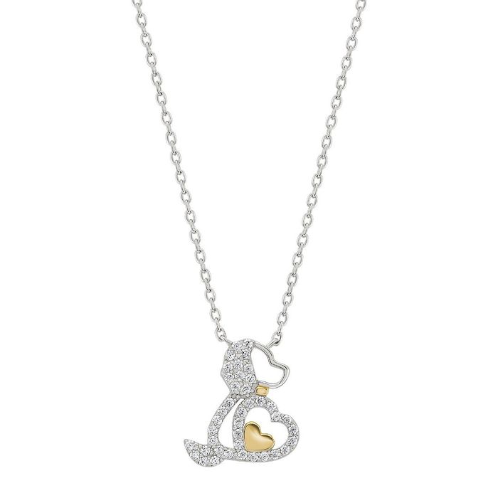 Colar Unike com pendente de um cão cravado de pedras e com moldes em coração prateado e dourado.