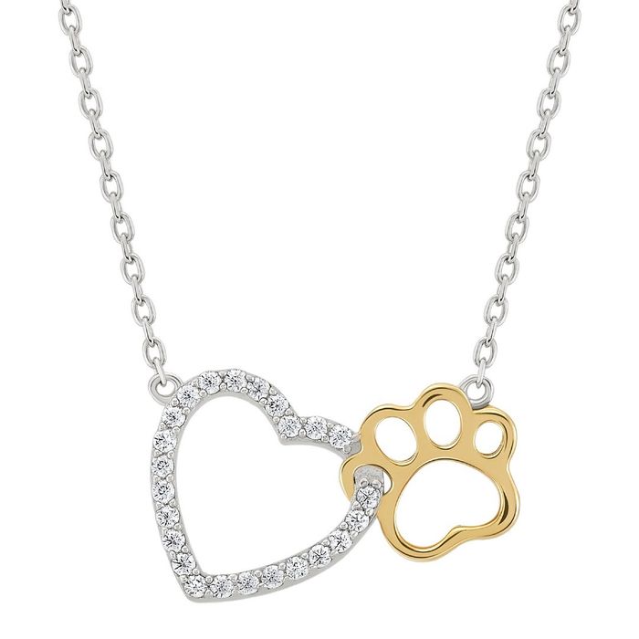 Colar Unike com pendente de um coração com zircónias entrelaçado com uma pata de animal em dourado.