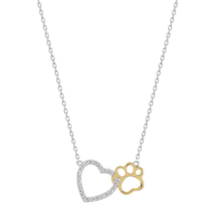Colar Unike com pendente de um coração com pedras entrelaçado com uma pata de animal dourada.