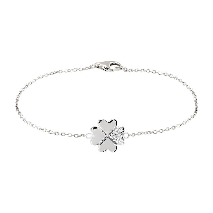 Pulseira feminina Unike prateada com um trevo de quatro folhas, com uma cravada de zircónias.