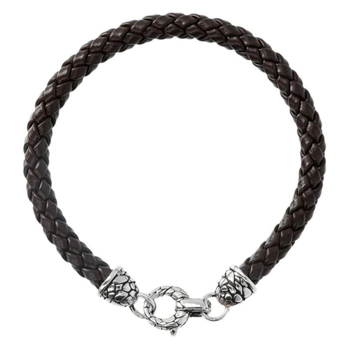 Pulseira masculina Albert M. de couro sintético castanho e prata de lei 925.