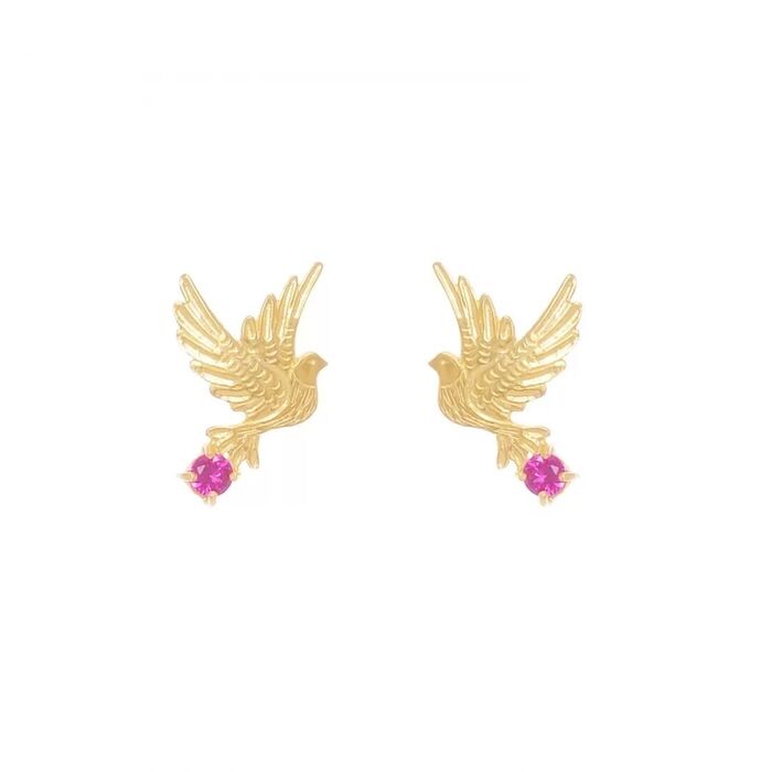 Brincos dourados Portugal Jewels em forma de pombas com uma zircónia rosa na parte inferior.