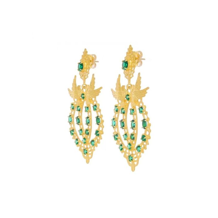 Brincos rainha dourados Portugal Jewels, de lado, com duas pombas e zircónias verdes dispostas.