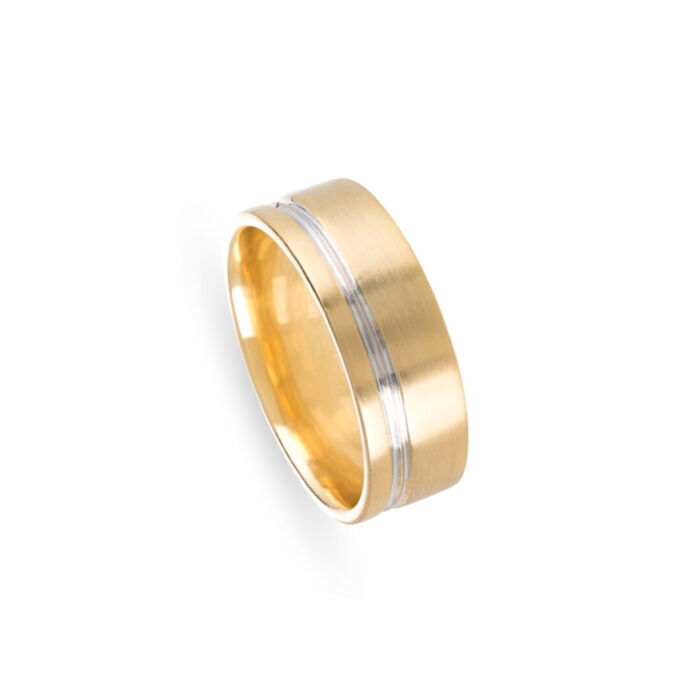 Aliança de casamento da Romantis em ouro amarelo e um friso em ouro branco de 19.2kl.
