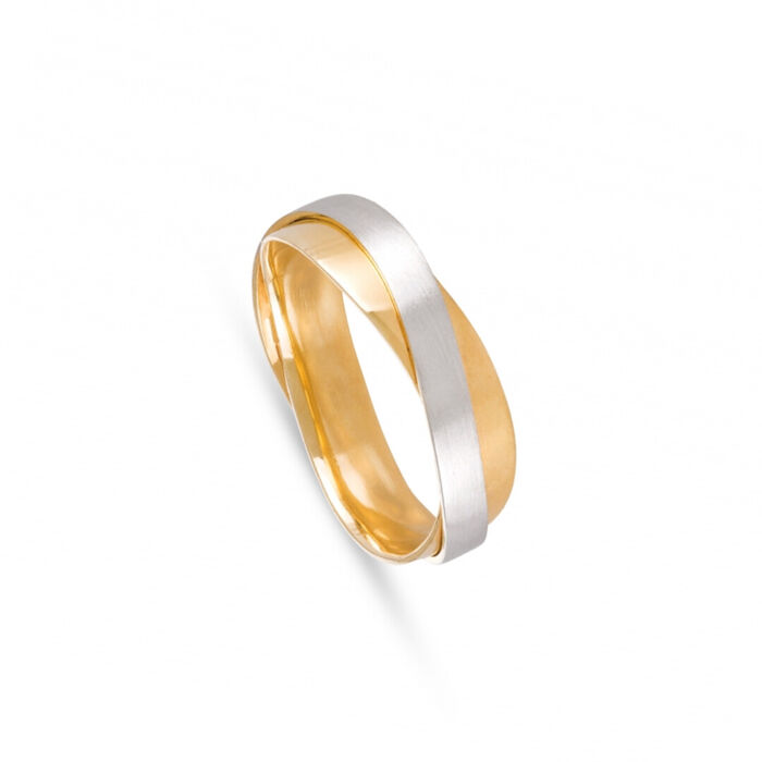 Aliança de casamento bicolor em ouro branco e amarelo de 19.2kl com aros entrelaçados.