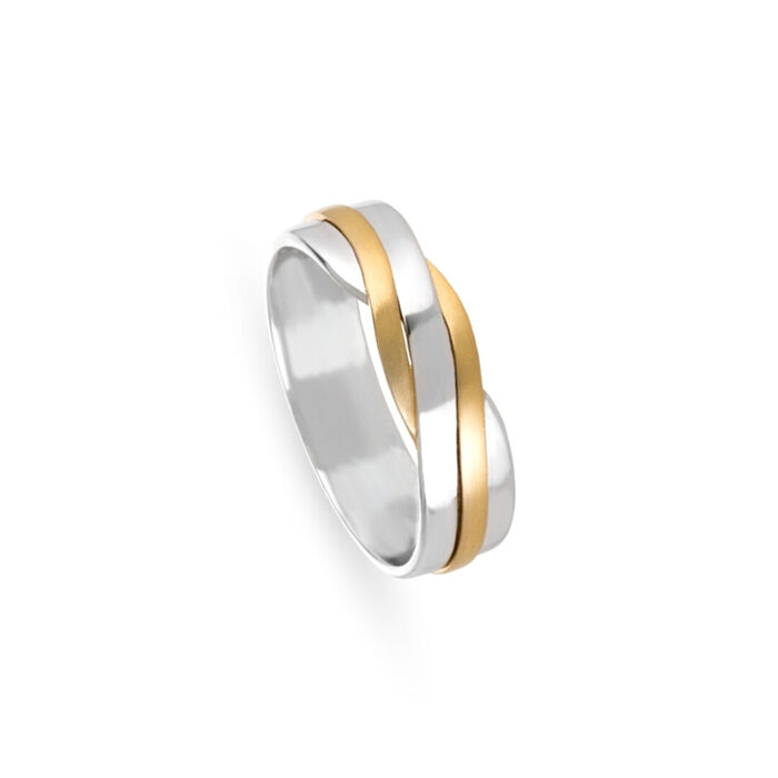 Aliança de casamento em ouro amarelo e branco de 19.2kl com aros bicolores entrelaçados.