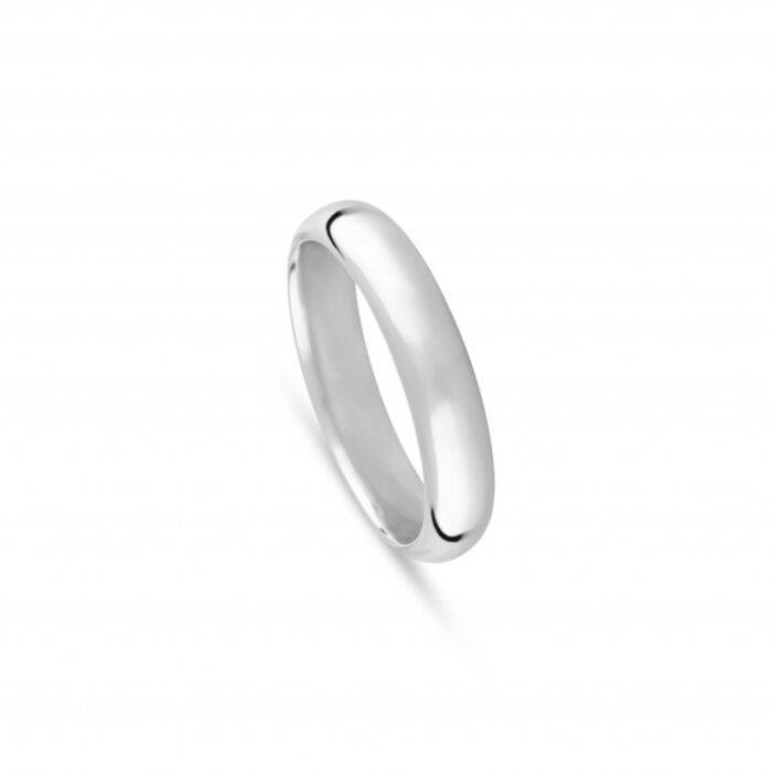 Aliança de casamento em ouro branco de 19.2kl com um acabamento polido e 4mm de largura.