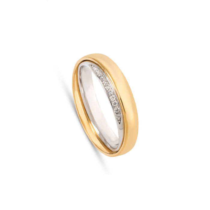 Aliança de casamento em ouro amarelo 19.2kl com aro em ouro branco cravado de 10 cristais Swarovski.