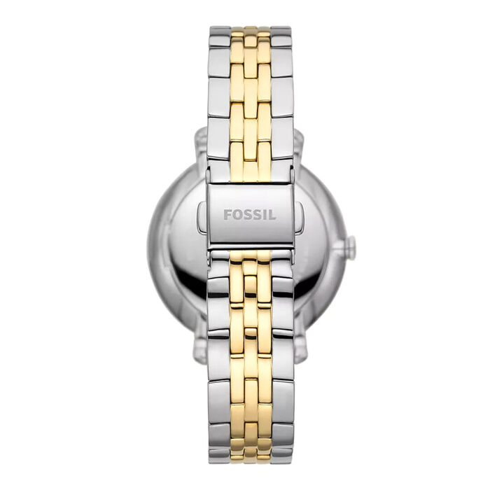 Relógio feminino da fossil com bracelete bicolor visto de trás.