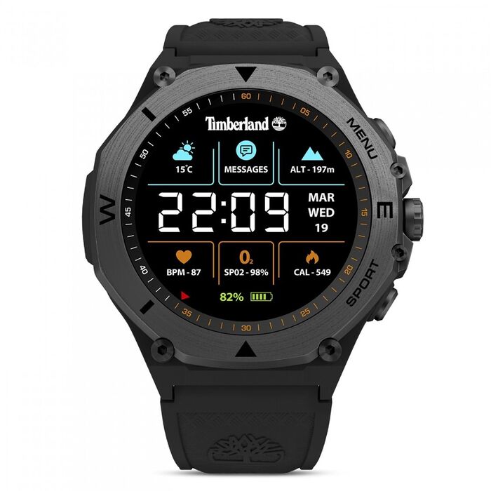 Relógio inteligente Timberland com bracelete em silicone preta e mostrador digital, com caixa em aço