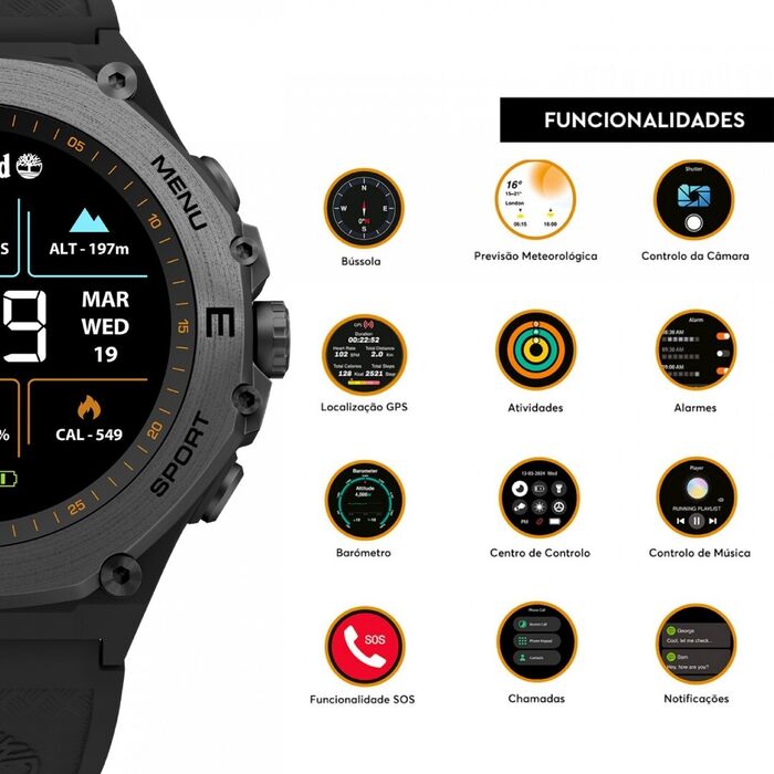 Smartwatch Timberland com bracelete em silicone preta e mostrador digital, com exemplos de funções
