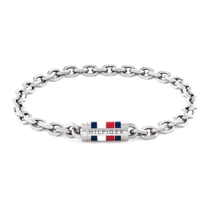 Pulseira em aço Tommy Hilfiger prateado para homem, com o símbolo da tommy no fecho magnético.