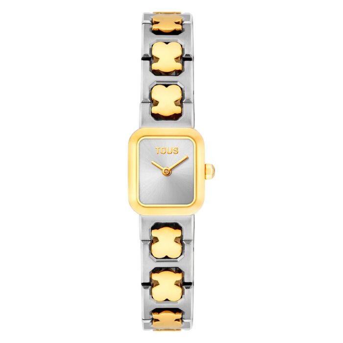 Relógio feminino retangular prateado com aro dourado e pulseira com ursinhos dourados