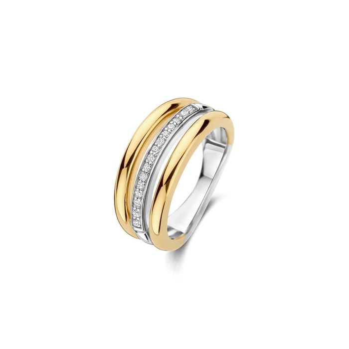 Anel Ti Sento Milano para mulher bicolor com pedras zircónias com banho ouro, na modelo.