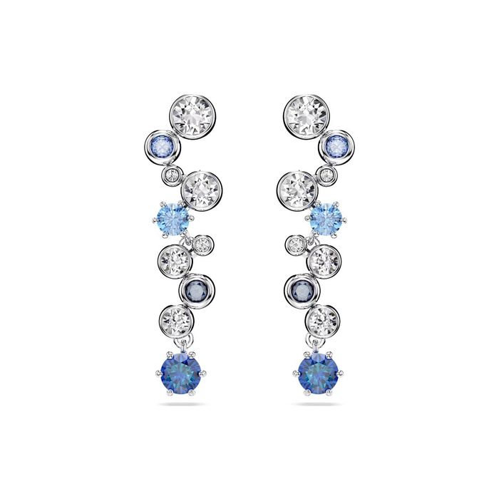 Par de brincos femininos da Swarovski, de formato pendente comprido com cristais azuis e brancos.