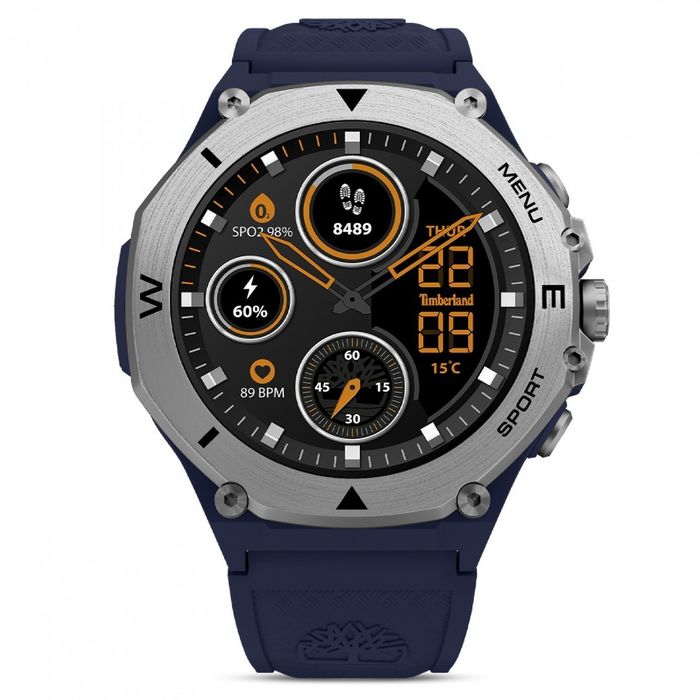 Relógio inteligente da Timberland com bracelete azul e caixa prateada, display redondo digital