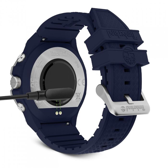 Vista traseira de relógio inteligente da Timberland com bracelete azul e caixa prateada