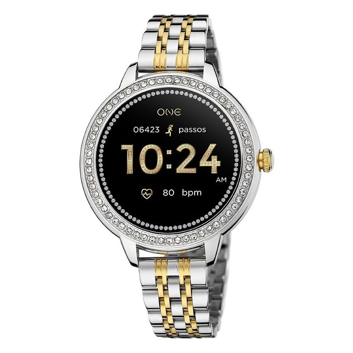 Relógio Smartwatch feminino, com bracelete prateada e dourada e caixa redonda prateada, com pedras