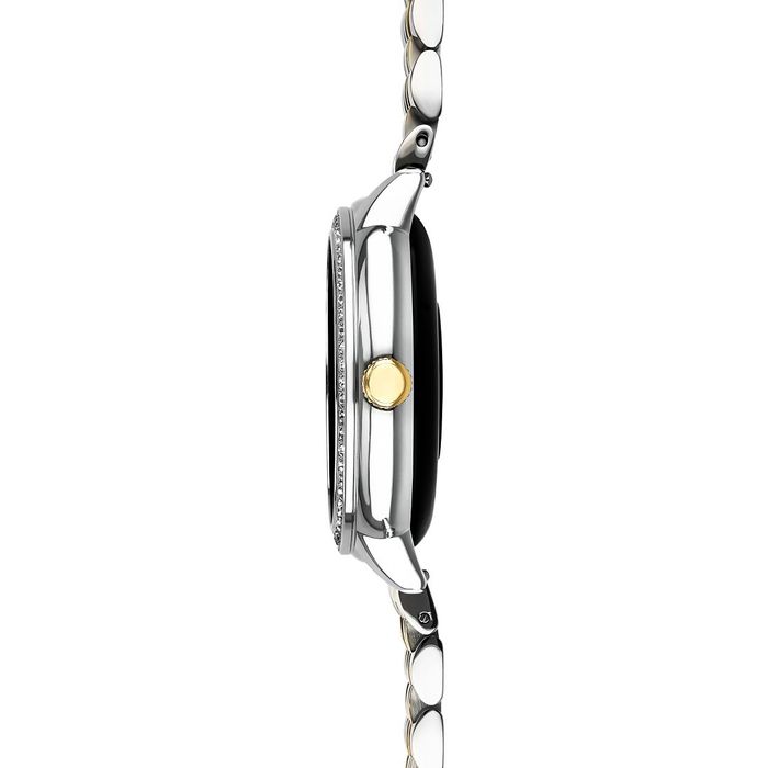 Vista lateral de Smartwatch com bracelete prateada e dourada e coroa dourada