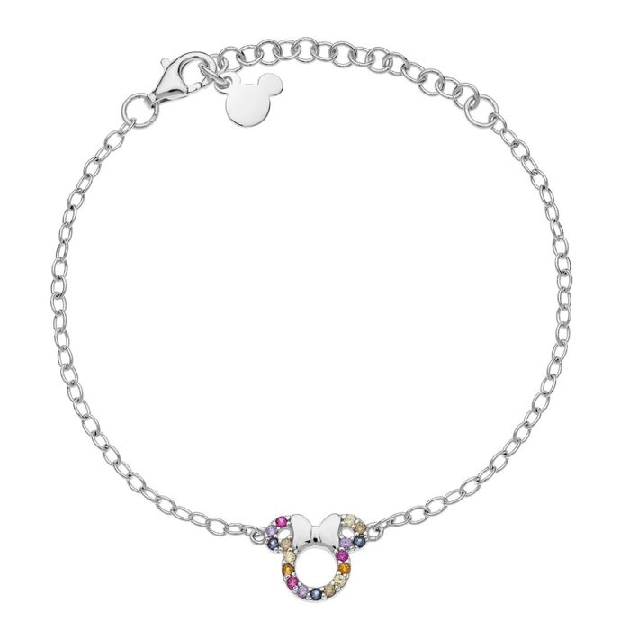 Pulseira prateada com adorno da silhueta da minnie no centro, recortada com pedras coloridas
